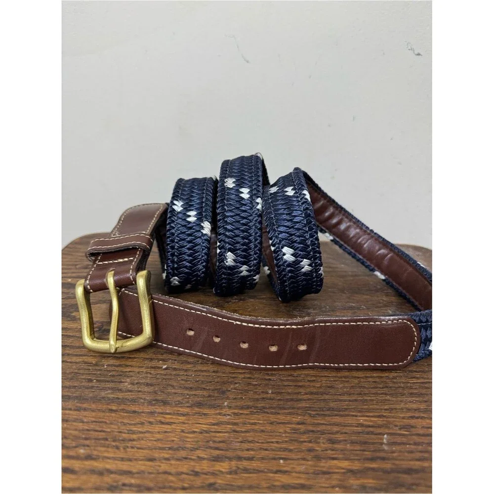 Men's Navy Braided Leather-Trim Brass Buckle Belt size 42 Nautical Preppy Summer